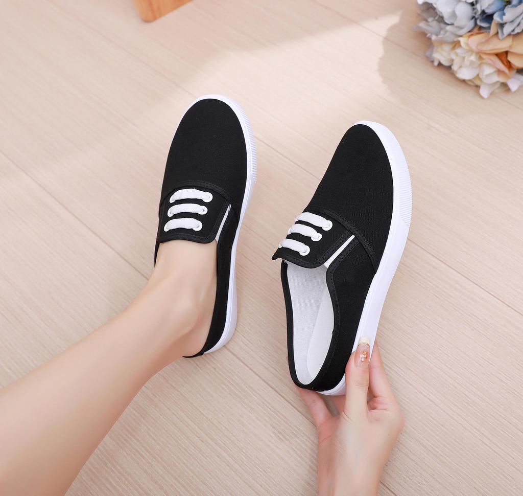 White Women's 2024 Summer Versatile Two-Way Flat Canvas Slip-On Shoes