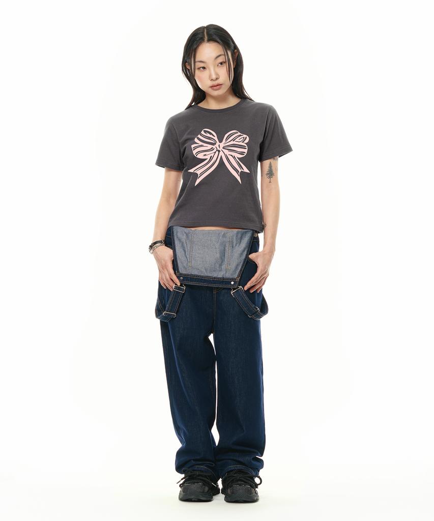 VIDEO JOCKEY Striped Ribbon T-Shirt [Charcoal]