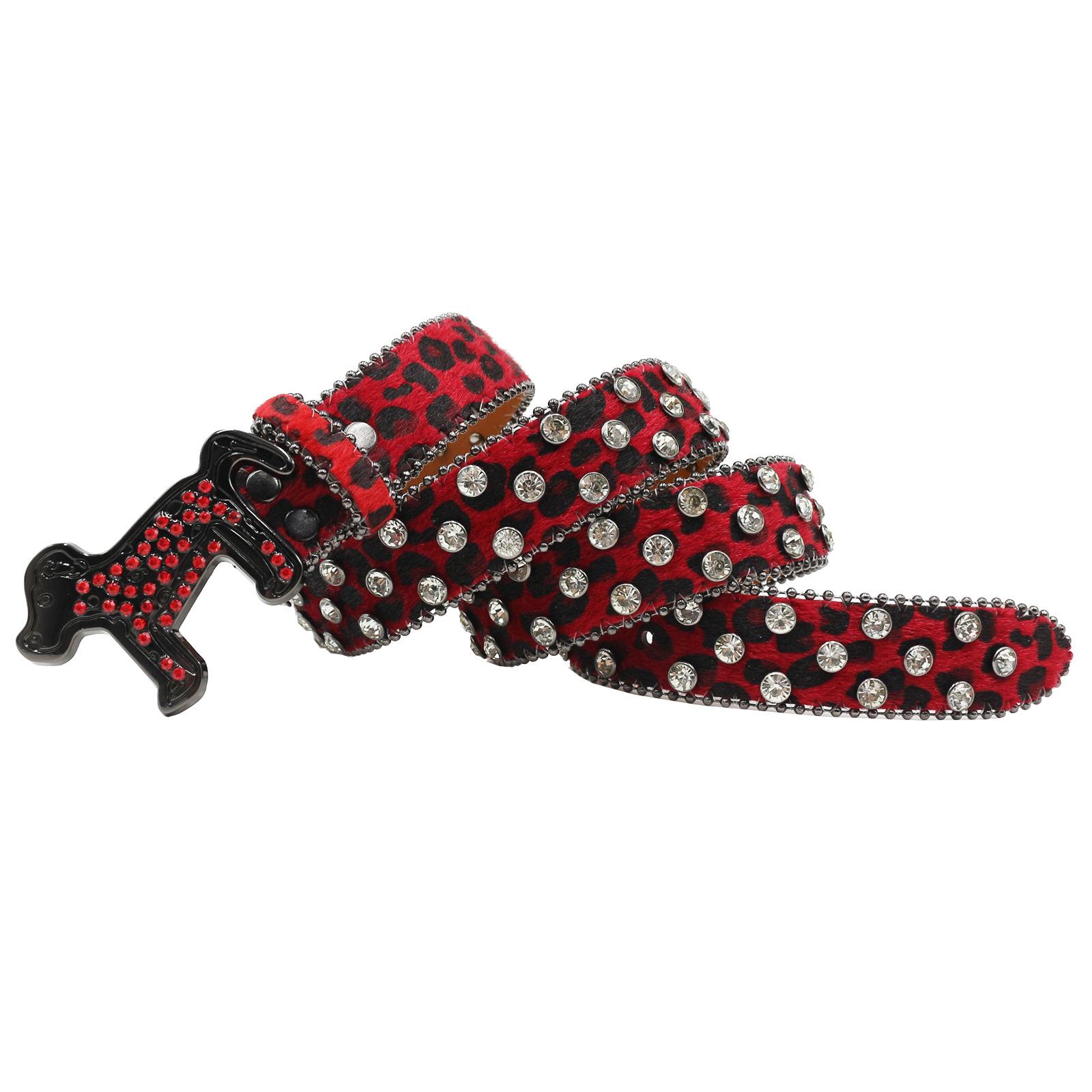 

Dog Buckle Belt Leopard Print Western Rhinestone Belt Personalized Denim Rivet Jeans Trousers Belt 105cm