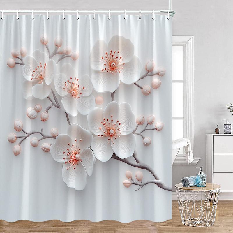 Luxury Gold White Floral Shower Curtain Rose Butterfly Cherry Blossom Modern Art Flower Polyester Fabric Bathroom Curtains Dec