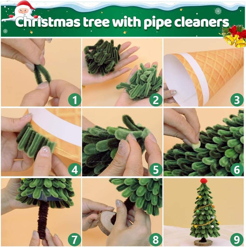 Pipe Cleaners for Making Christmas Tree, 300pcs Pipe Cleaners, 200pcs PomPoms, 1 Foam Cylinder, 1 Christams Card and 1 Bag Pearl