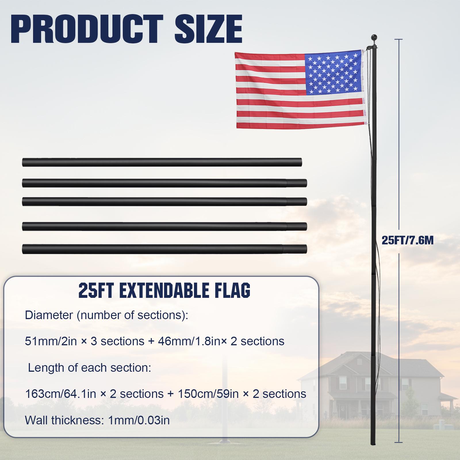 25FT Aluminum Alloy Flag Poles Extra Thick Heavy Duty Flagpole Holder with 360° Rotating Rings Clip for Residential Commercial