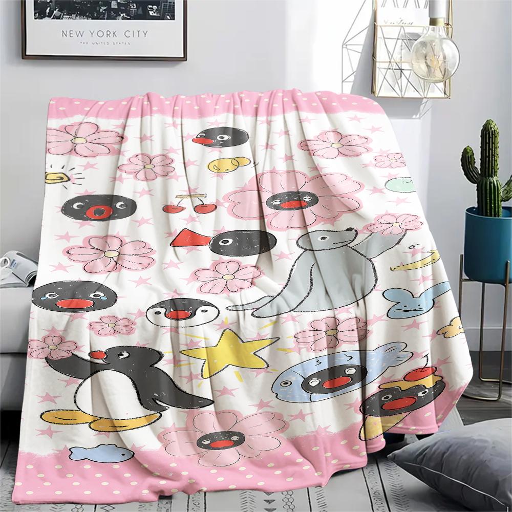 1PC PINGU Print Flannel Blanket, High quality All Seasons, Home Decor, Warmth and Comfort, Perfect for Christmas Gifts