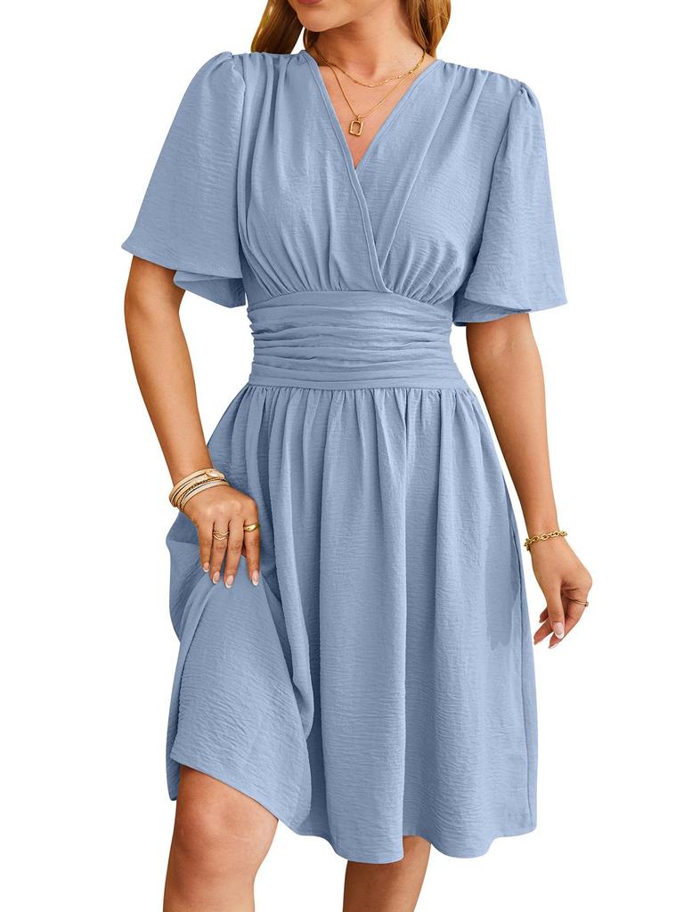 2024 Spring/Summer Women's V-Neck Waist-Cinching Flared Sleeve Dress