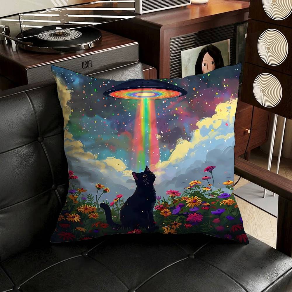Cute Funny Rainbow Alien Cat Pillow Case Square DoubleSided Printing Short Plush Sofa Cushion Cover Bedroom Bedside Pillow
