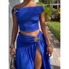 Women Sexy One Shoulder Crop Top Slit Pleated Midi Skirt Two Piece Set