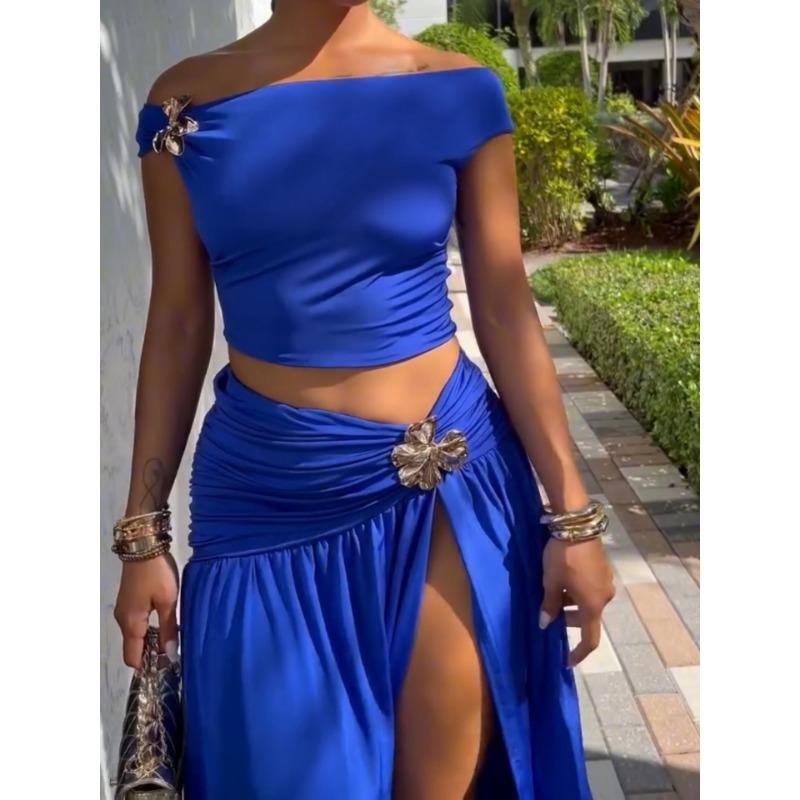 Women Sexy One Shoulder Crop Top Slit Pleated Midi Skirt Two Piece Set