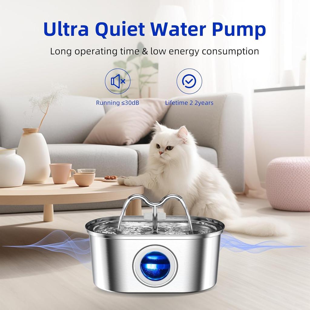 3.2L Stainless Steel Pet Water Fountain Ultra Quiet Pump LED Water Level Indicator With Triple Filter For Cats Dogs