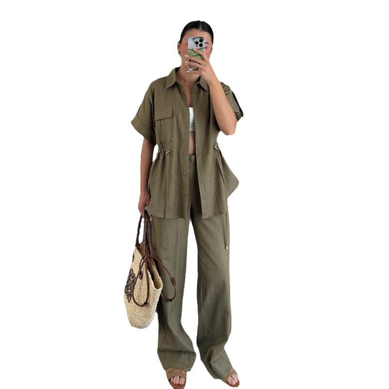 Damski casualowy letni zestaw dwuczęściowy: Koszula z kieszenią z krótkim rękawem i długie spodnie