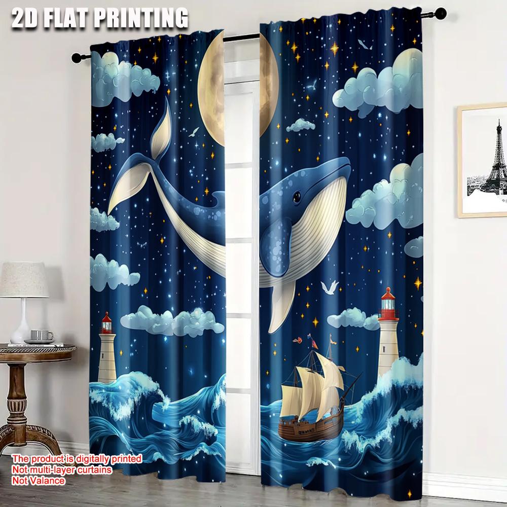 2pcs, plane printing Minimalist Curtains Watercolor Whale Polyester (without rod) Outdoor Decorations Ldeal for Bedroom &