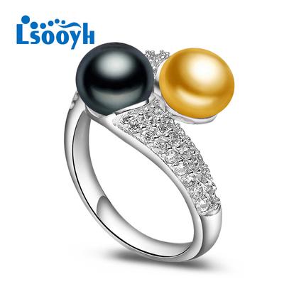 LSOOYH Natural Freshwater Double Pearl Rings For Women Fashion Cubic Zirconia Adjustable Luxury Ring