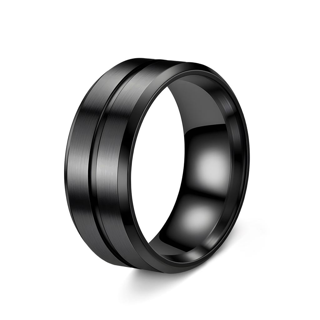 Fashionable 8mm Men's Black Stainless Steel Wedding Ring with Black Groove Beveled Engagement Ring, Suitable for Men's Valentine