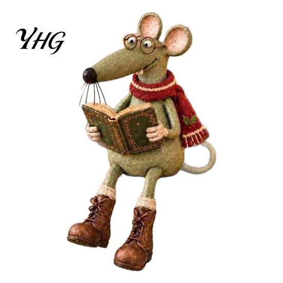 Vintage Inspired Table Decor Reading Mouse Figurine with Hanging Legs, Resin Shelf Sitter Whimsical Decoration Statue Glasses and Book for Bookshelf