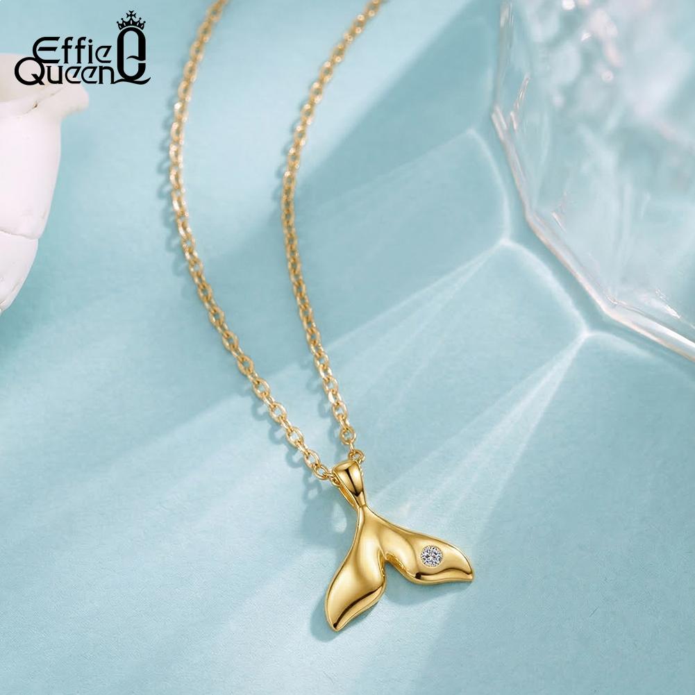 Effie Queen S925 Silver Fish Shape Shiny Zircon Charm Pendant Necklace Fashion Fishtail Chain Link Jewelry Party Gift SAPN64