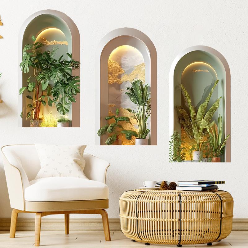 3Pcs Green Plants Simulated Archway Niche Potted Plant Painting Wall Stickers Bedroom Peel & Stick Art Mural Wall Decals