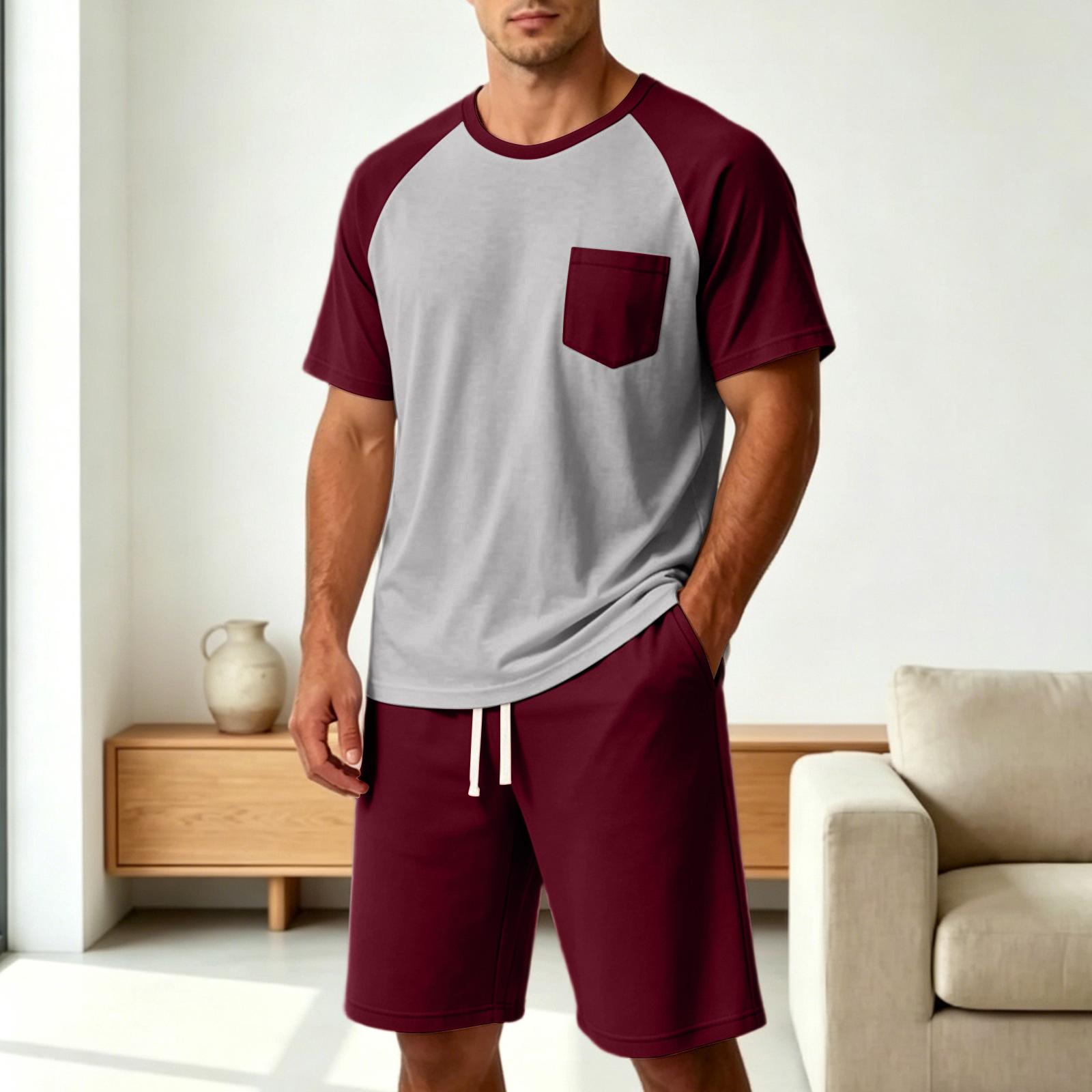 

Men s Short Sleeve Pajama Set Soft Lightweight Loungewear Two Piece Set with Crew Neck Top and Drawstring Shorts Pocket Design XL