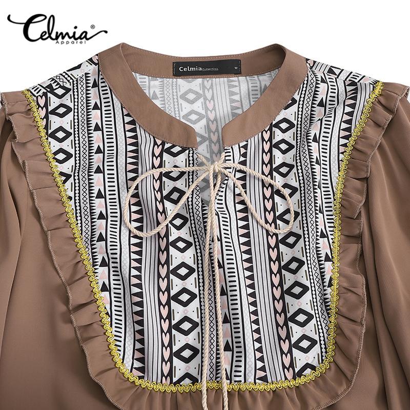 Celmia Spring Autumn Women's Fashion Lace Printed Midi Dress Ruffle Long Sleeve Lace-up Casual Loose Short Dresses Vestidos Plus Size