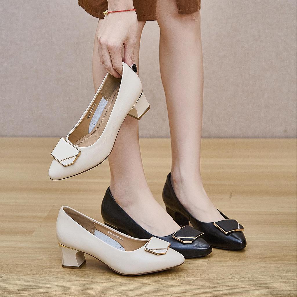 Women's French-Style Chunky Heel Cowhide Shoes - 2025 New Soft Sole, Low-Cut, Comfortable for Long Wear, Versatile for Work and Banquets