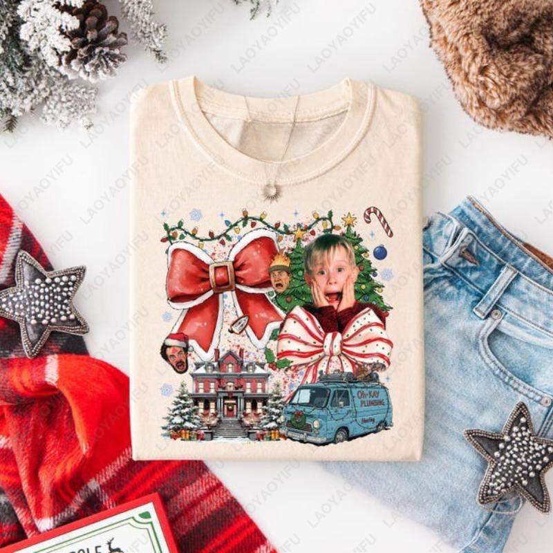 Home Alone Retro 90s Christmas Movie Adult Cotton TShirt McCallister Cute Bow Fun Festival Graphic Printed Oneck Women Tops