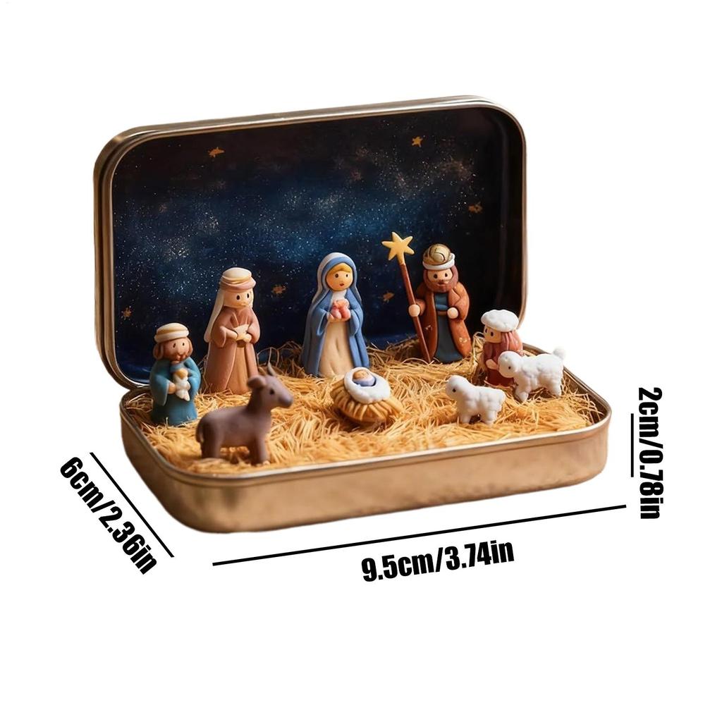 Tin Box Nativity Set Portable Mini 3D Holy Figurines Religious Ornament Holy Family Christmas Figurines In Tin Box For Desk