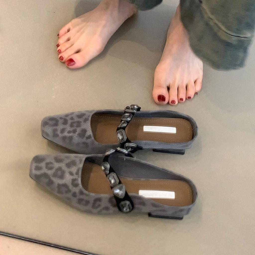 Sheepskin version~ Low-heeled square head half slippers women's diamond one-word leather bag head shoes elegant temperament women's shoes