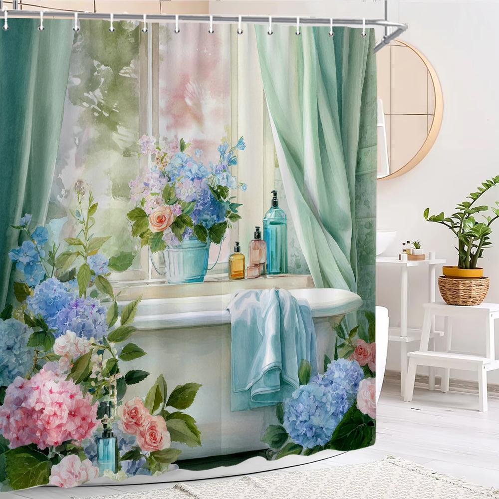 Watercolor Flowers Scenery Outside The Window Shower Curtain,Bathroom Decorative Shower Curtain, Print Fabric Curtain With Hooks