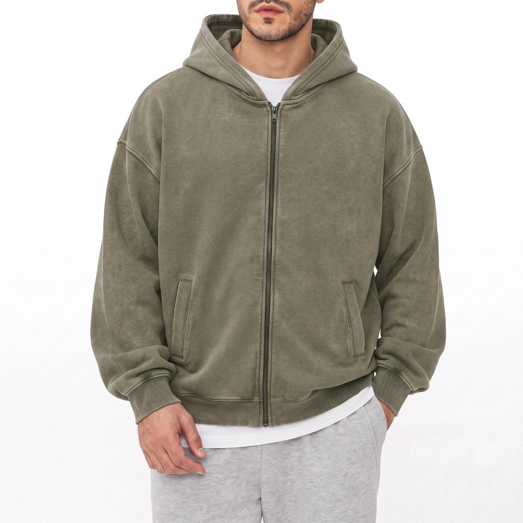 Herren Kapuzenpullover, gewaschen und distressed, reine Baumwolle, amerikanischer Stil, lockere Passform, mit Kapuze, Reißverschluss Cardigan