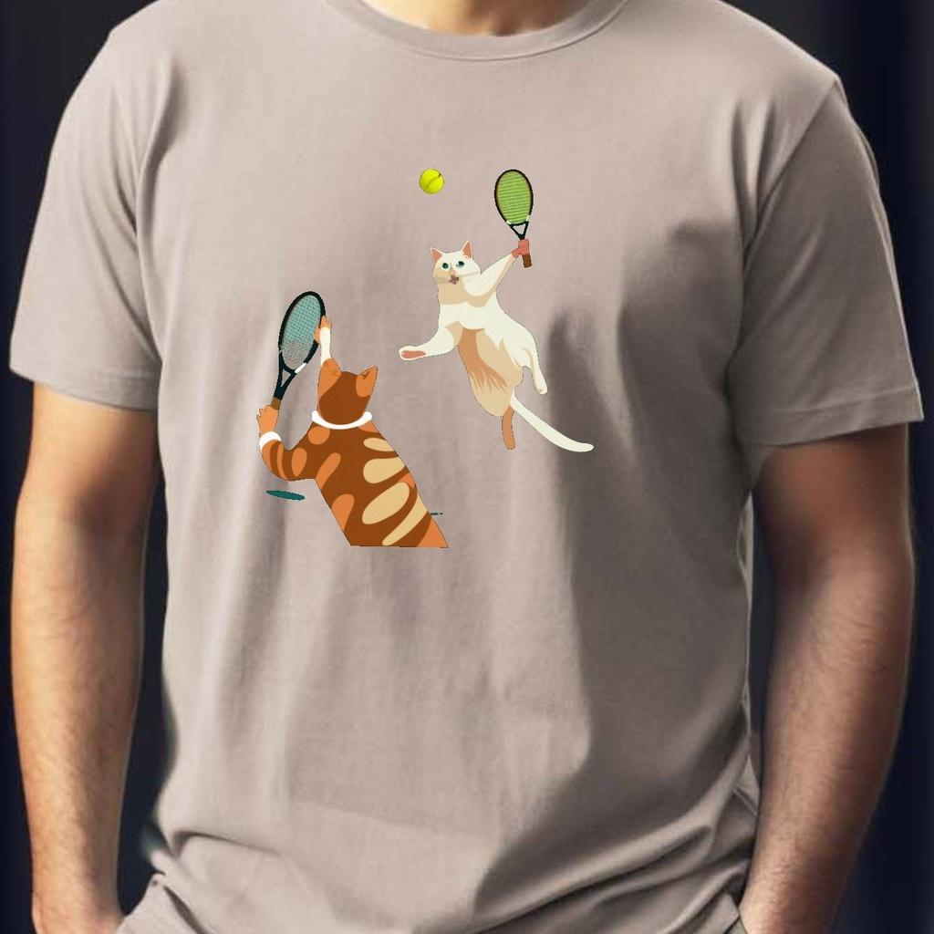 Cats Playing Tennis Graphic Print Cotton TShirt Casual Short Sleeve Crewneck Tee for Men