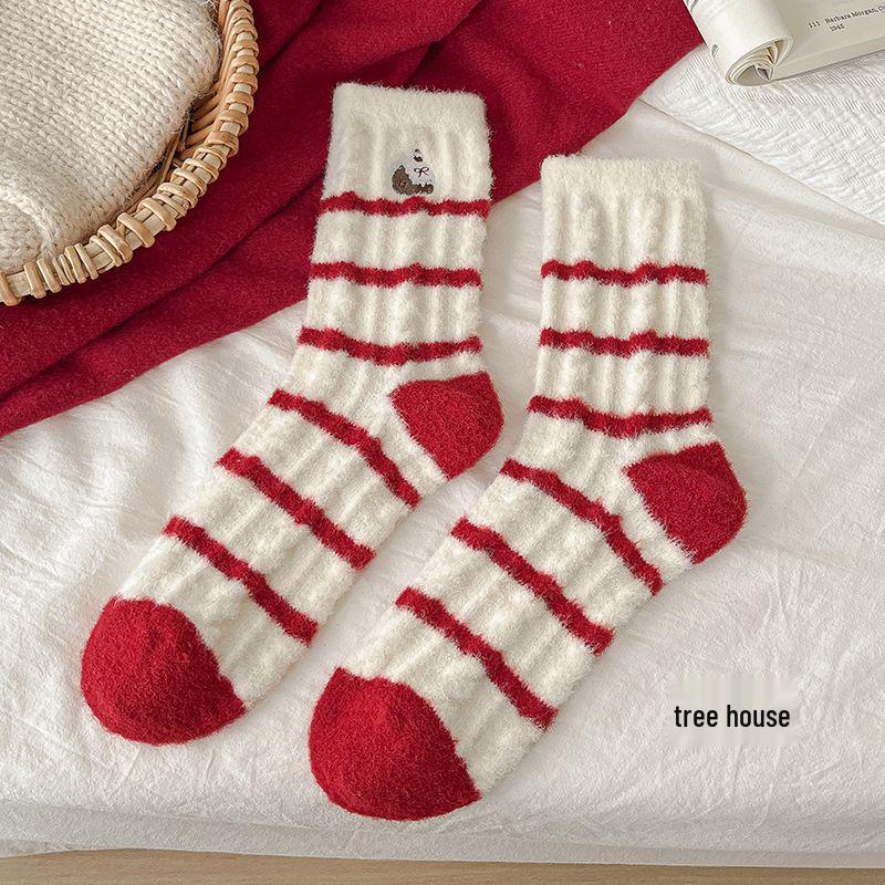 Women's Winter Coral Fleece Socks with Velvet Lining - Thick, Warm Red Christmas Socks with Embroidered Australian Wool for Benmingnian and Sleep.