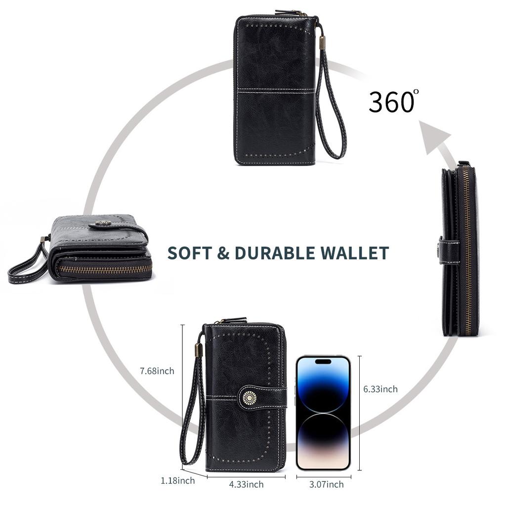 Women Oil-wax cowhide large-capacity wallet long banknote holder anti-theft multi-functional wallet for men