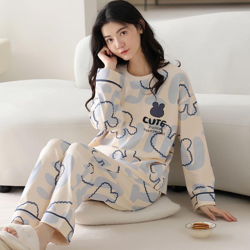 Dámské pyžamo z čisté bavlny - Jarní/podzimní jednobarevné, kulatý výstřih, dlouhý rukáv, volné, ležérní, pohodlný domácí oděv.