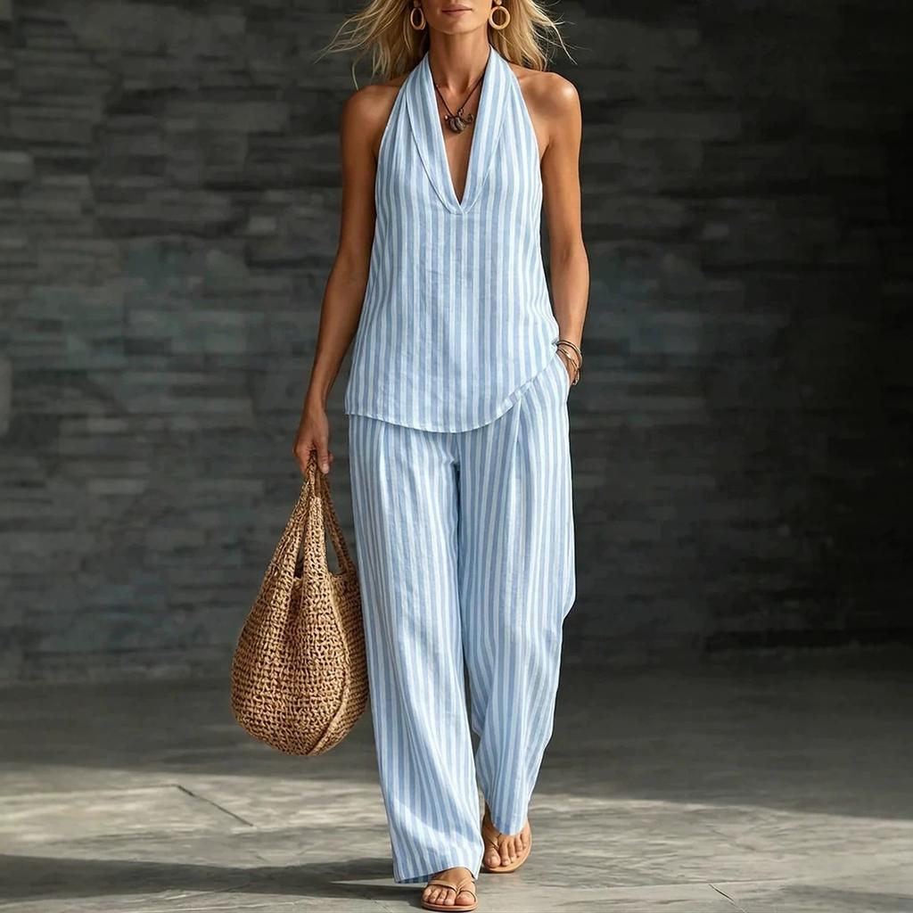 Women Striped Halter Neck Sleeveless Jumpsuit Wide Leg Pants with Pocket