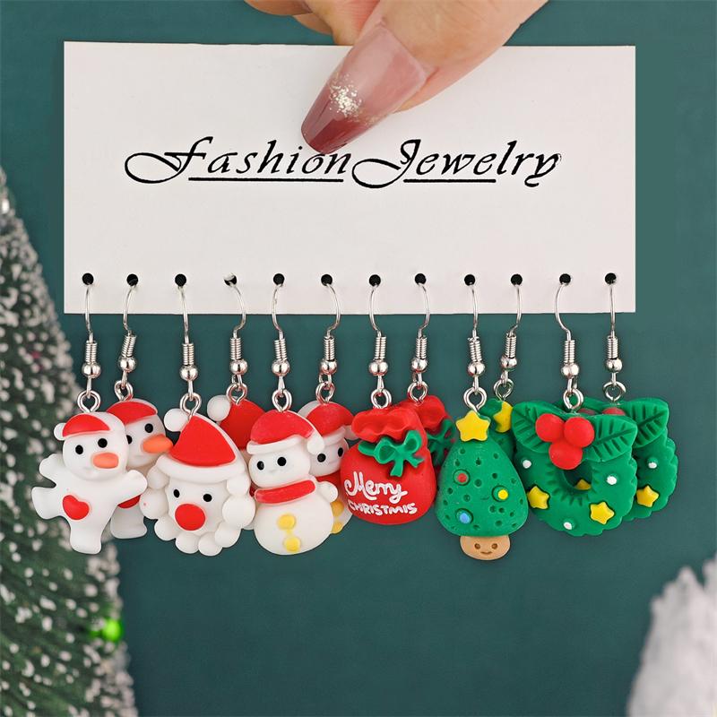 12PCS Sweet Santa Claus Christmas Tree Drop Earrings for Women Cute Cartoon Resin Elk Snowman Drop Earring Party Jewelry Gifts