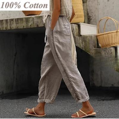 100% Algodón, Pantalones Largos de Mujer Talla Grande Calados con Empalmes, Cintura Elástica Pantalones de Pierna Recta Holgados, Pantalones Bajos de Estilo Casual para Vacaciones y Uso Diario