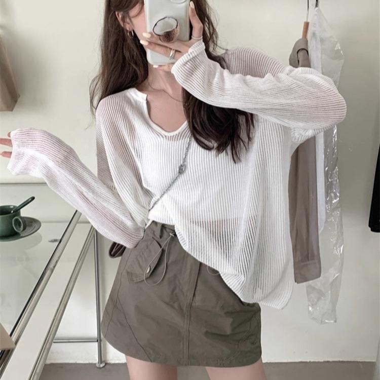 Women's Knitted Sweaters See Through Casual Oversized Long Sleeve Tops Summer Lady Sexy Hollow Out Mesh Pullover Beach T-shirts