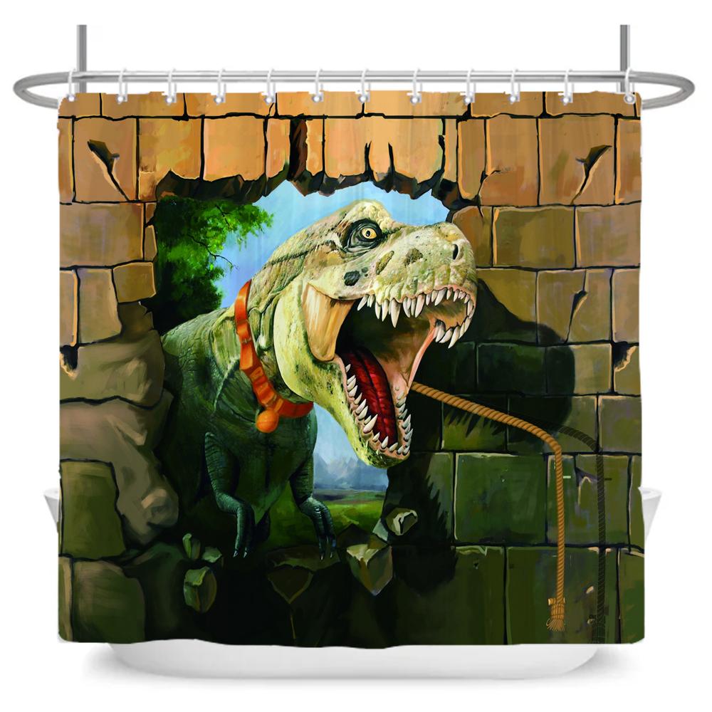 Funny Dinosaur Shower Curtain Bathroom Dino Cool for Kids Boys Silhouette Animal Cartoon White Fabric Bath Curtain Home Decor