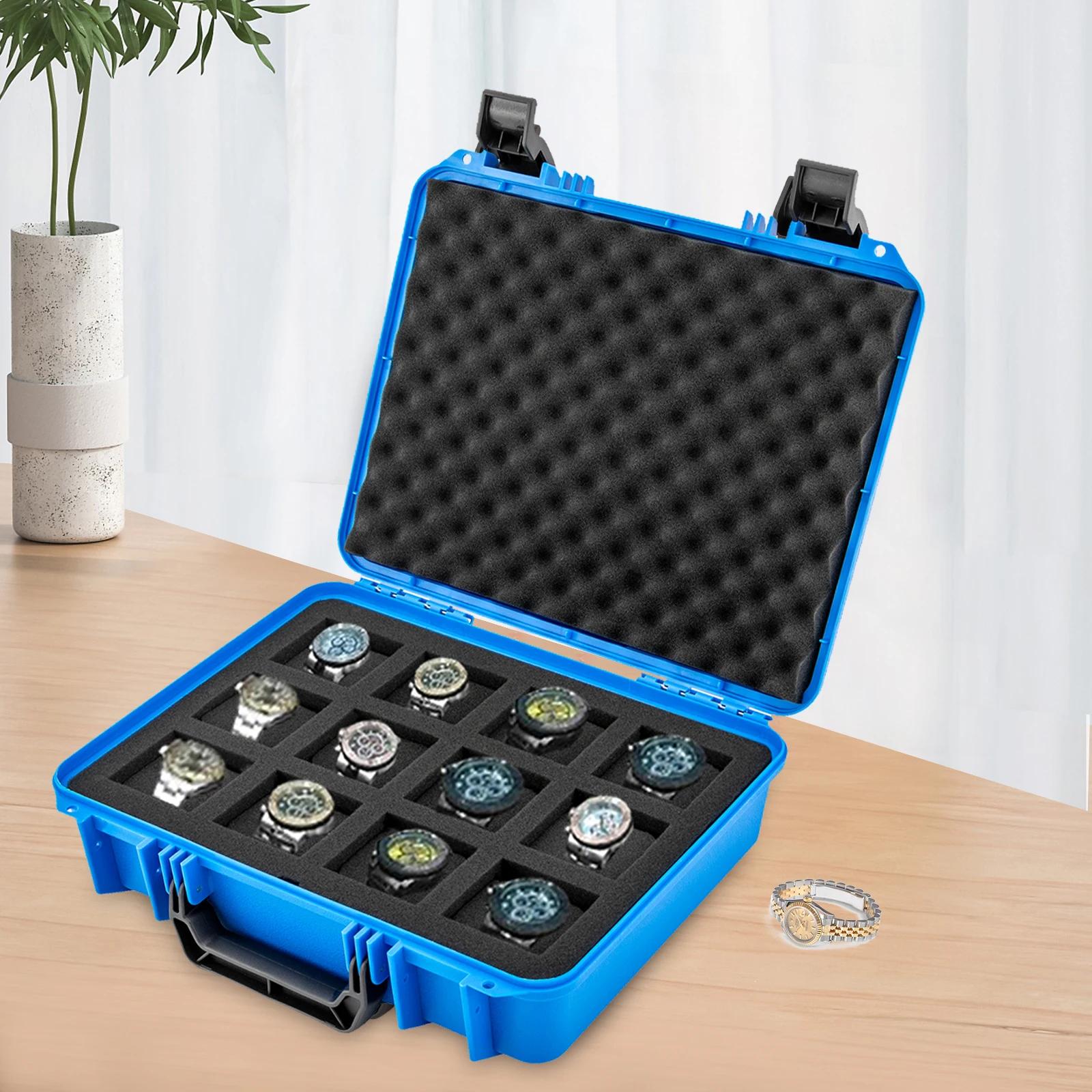 

Коробка для часов с 12 ячейками в жестком кейсе - Прочный дорожный органайзер для хранения коллекции для мужчин - Синий портативный органайзер для часов, вмещает 12 часов синий