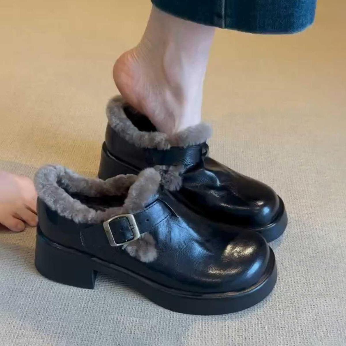 

Cowhide version~ Genuine leather thick-soled thick-heeled Birkenstocks, women s versatile big head, non-slip and velvet to keep warm, and wear fluffy 35 чёрный