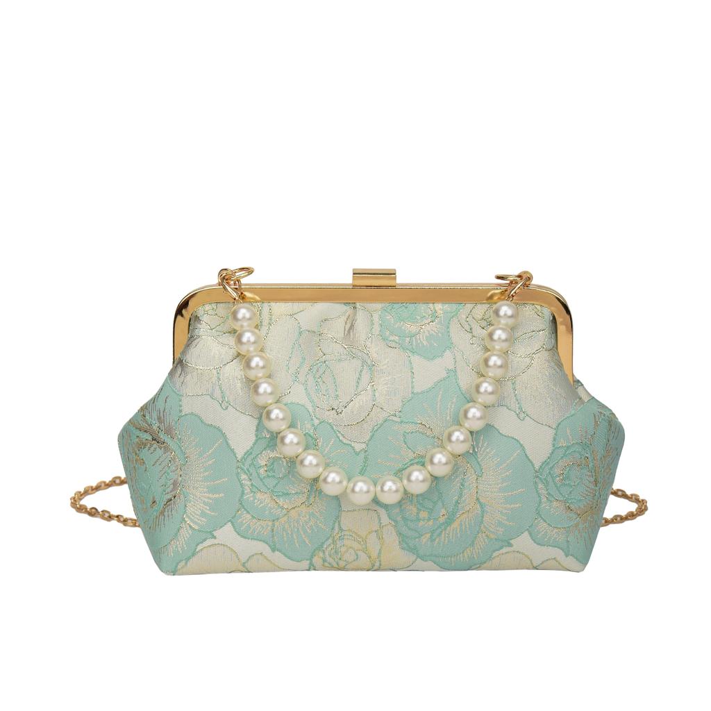 Chinese Cheongsam Style Women's Bag  Crossbody Shoulder Bag  Chain Beads  Embroidered Flower Pattern  New