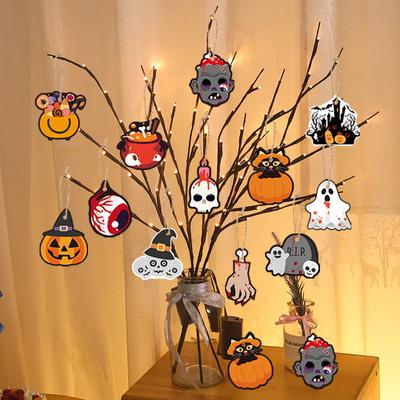 12 Stück Halloween Dekorationsanhänger, Kürbis Geist Schädel Muster Hängeornament für Geschenkbox Party Festival Szenendekoration