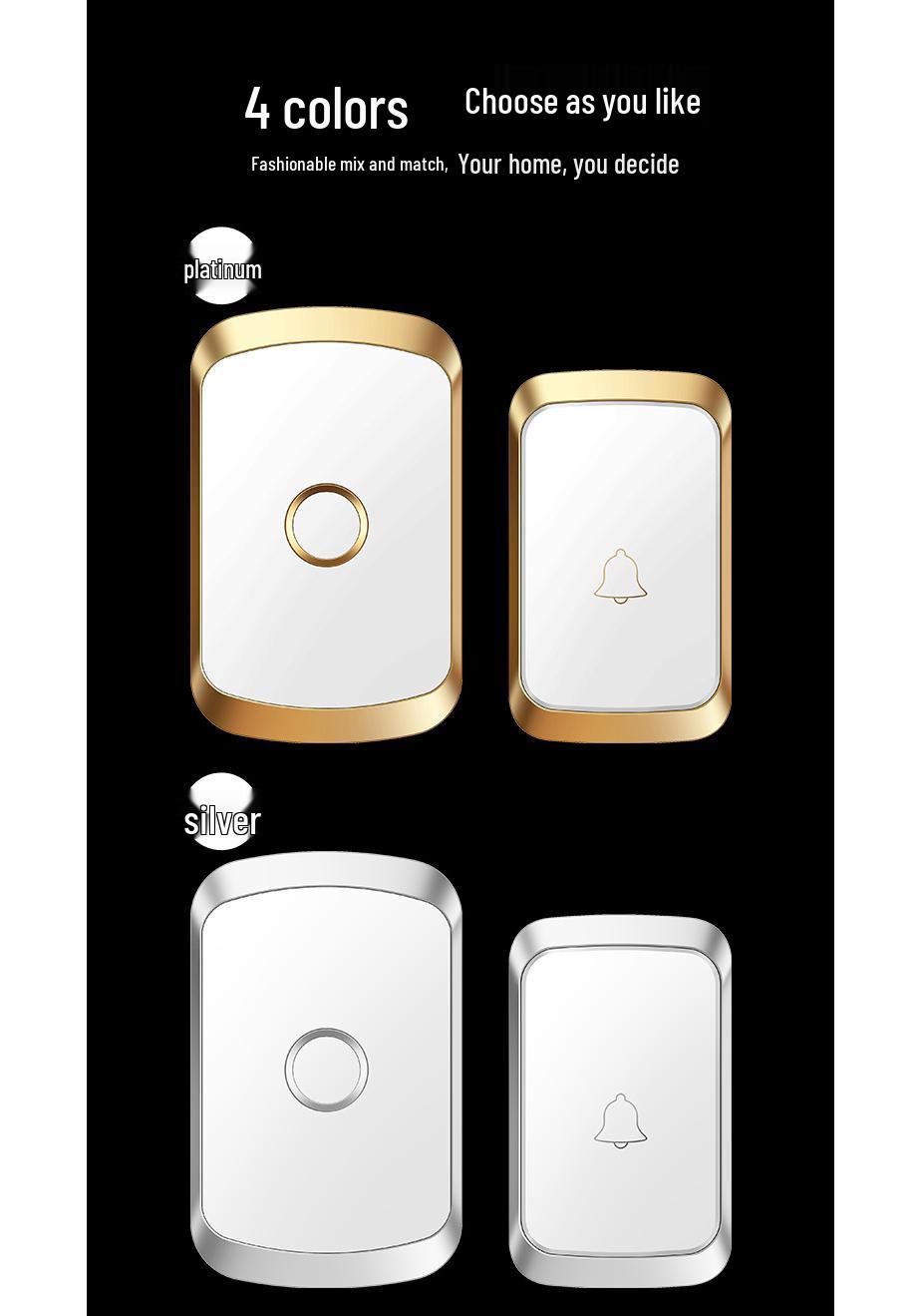 Battery-Powered Wireless Doorbell with One Transmitter & Two Receivers for Home Use платиновый