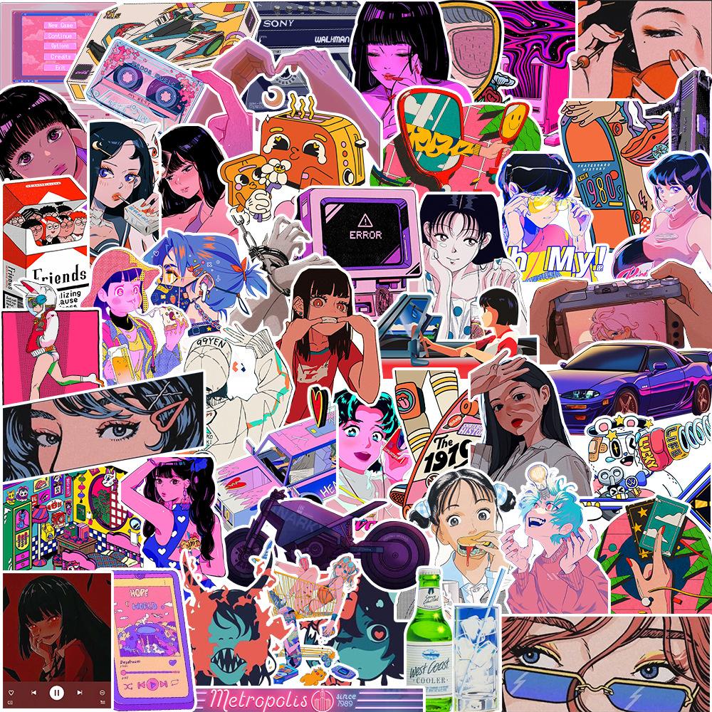 50 Pictures of Urban Cool Cartoon Girl Doodle Stickers Decorative Guitar Notes Suitcase DIY Waterproof