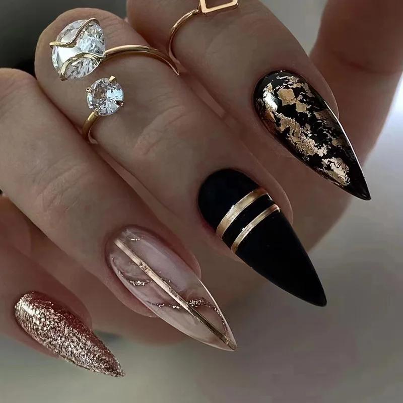 24Pcs Pink Glitter Press On Nails Long Almond Shape Fake Nails With Glue Wearable Acrylic Full Cover Nail Tips