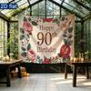 Vintage Floral 90th Birthday Party Banner, Polyester Backdrop for Home Room Wall Decor
