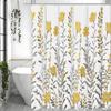 Yellow Floral Shower Curtain, Yellow Flower Gray Leaf Bathroom Decorative Shower Curtain, Waterproof Shower Curtain with Hooks