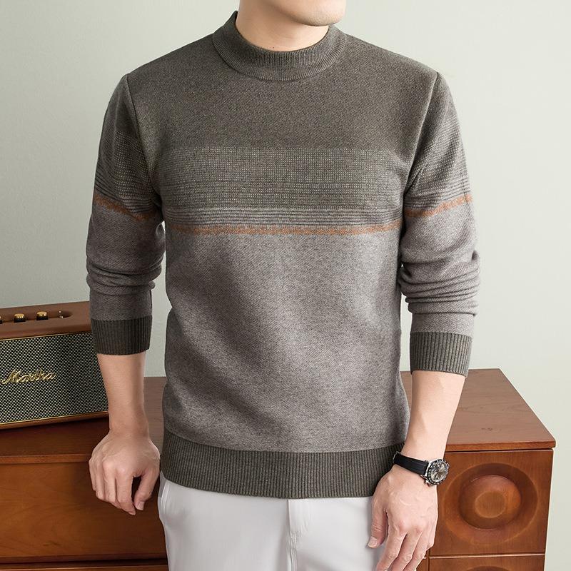 Men S Thick Striped Round Neck Long Sleeve Knitted Pullover Sweater Business Casual
