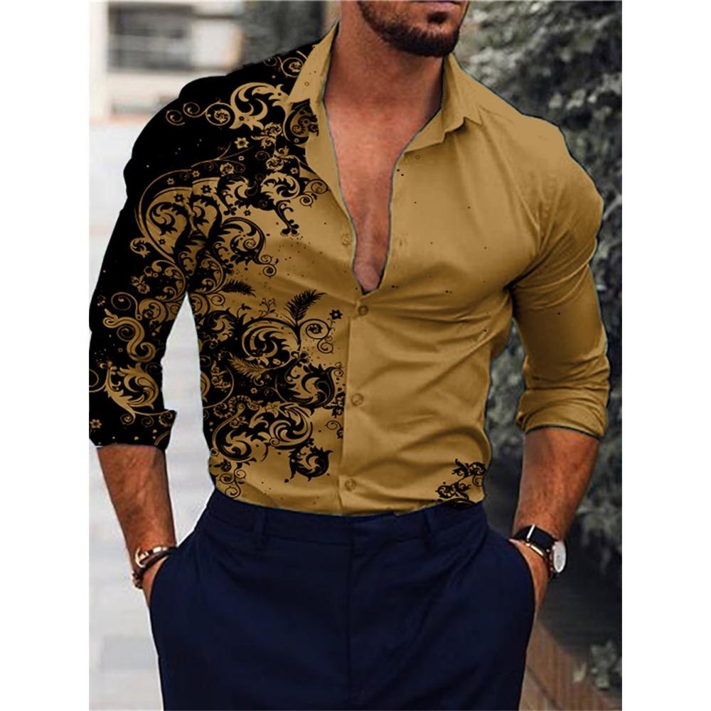 2024 New Men's Casual Street Print Pattern Shirt Fashion Casual Spring and Autumn Splicing Long Sleeved Lapel Shirt Tops