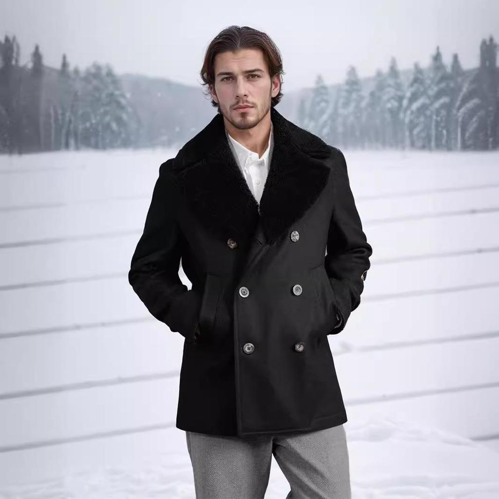 Men's Slim Fit Double-Breasted Wool Coat with Cashmere Fur Collar - European Sizes for Autumn/Winter