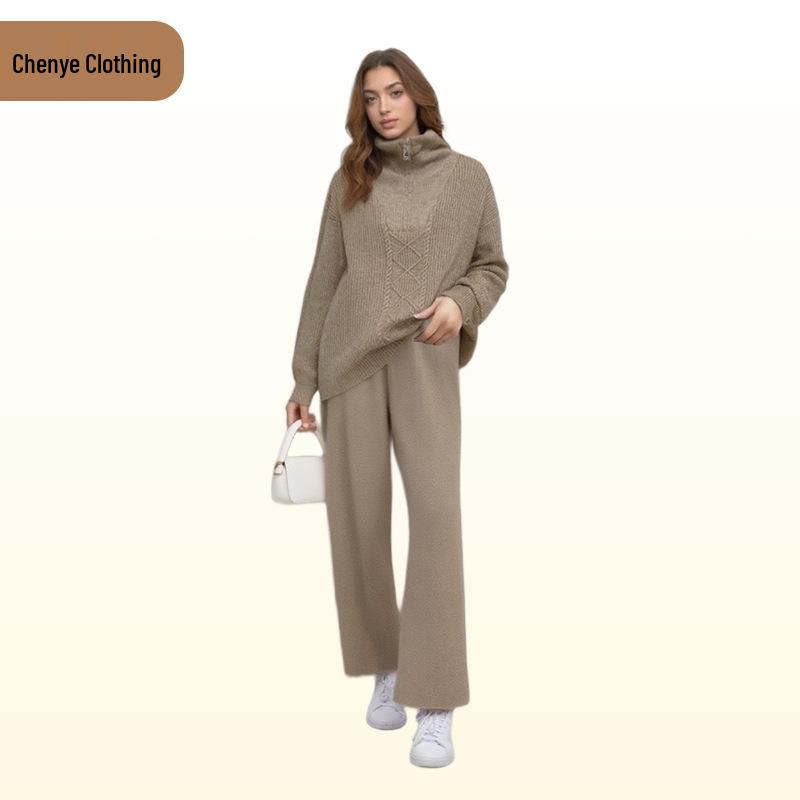 2025 Autumn/Winter High-Neck Knit Top & Wide-Leg Pants Set