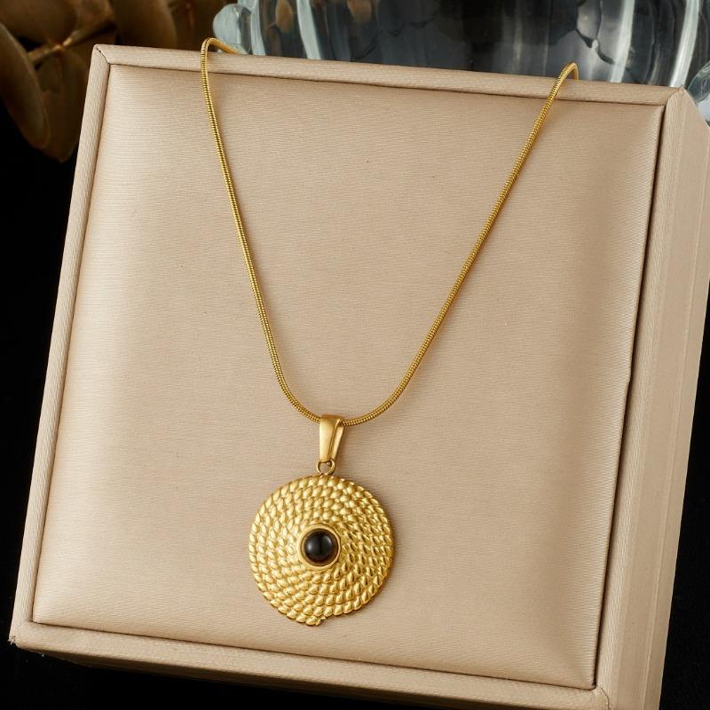 Gold Plated Stainless Steel Textured Disc Tiger Eye Pendant Necklace for Women
